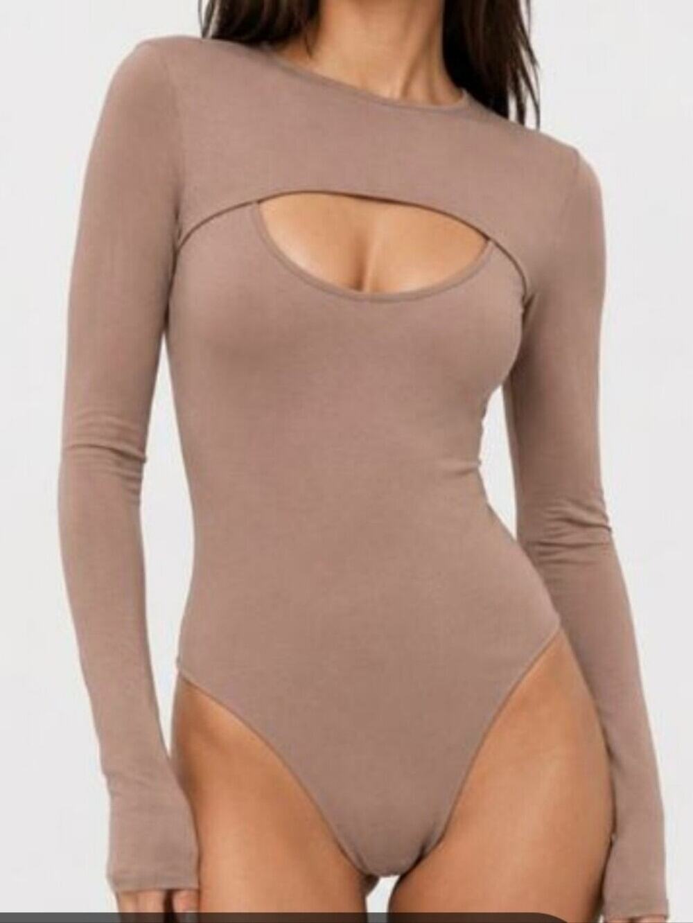Naked Wardrobe NEW Cheeky Neutral Front Cutout Long Sleeve Bodycon Bodysuit L